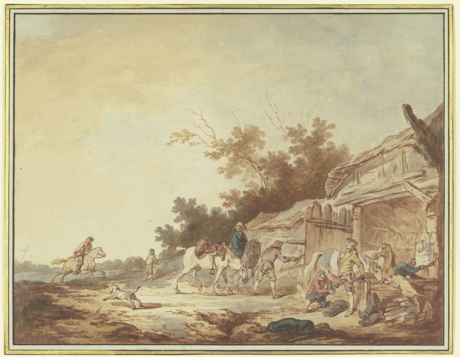 Ein Reisender, dem die Reitstiefel angezogen werden, steht mit seinen Pferden bei einer Tränke vor e à Francesco Giuseppe Casanova