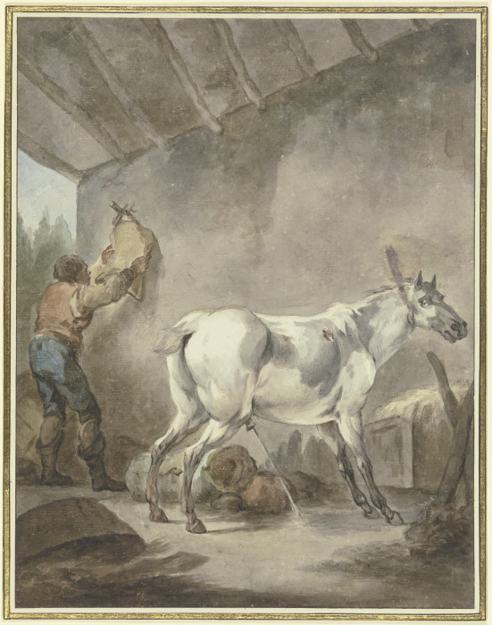 Ein stallender Schimmel mit einem Bauern, der einen Sattel aufhängt à Francesco Giuseppe Casanova