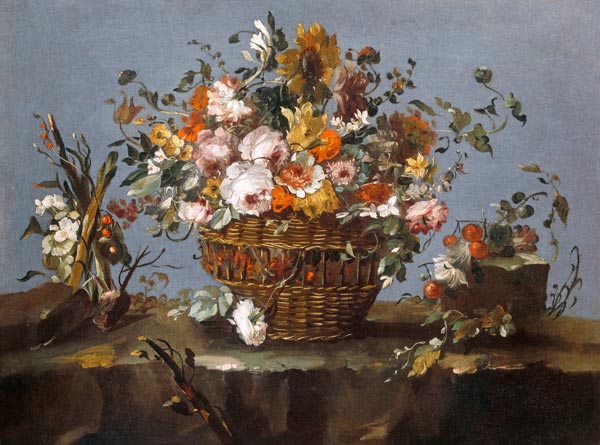 Blumen in einem Korb und ein kleiner Zweig mit Kirschen. à Francesco Guardi
