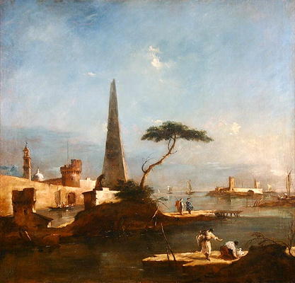 Obelisk beside the entrance to a walled harbour (oil on canvas) à Francesco Guardi