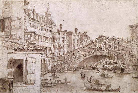 The Rialto Bridge, Venice (pen & brown ink on paper) à Francesco Guardi