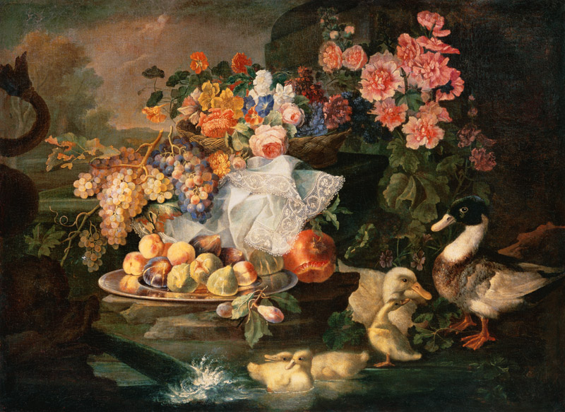 Still Life of Fruit and Flowers with a Duck, Drake and Ducklings à Francesco Morosini