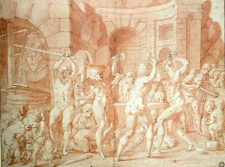 Cylopses in the Forge of Vulcan (pen & ink and red chalk on paper) à Francesco Primaticcio