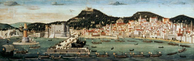 View of Naples depicting the Aragonese fleet re-entering the port after the Battle of Ischia in 1442 à Francesco Rosselli