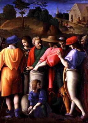 The Search for the Stolen Cup, from 'The Stories of Giuseppe Ebreo' (tempera on panel) à Francesco Ubertini Verdi Bachiacca