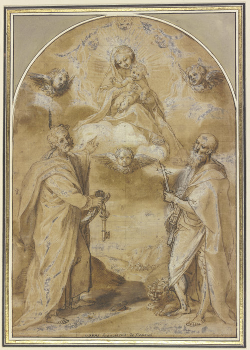 Die Madonna mit dem Jesuskind erscheint in einer engelgesäumten Gloriole den Heiligen Petrus und Hie à Francesco Vanni
