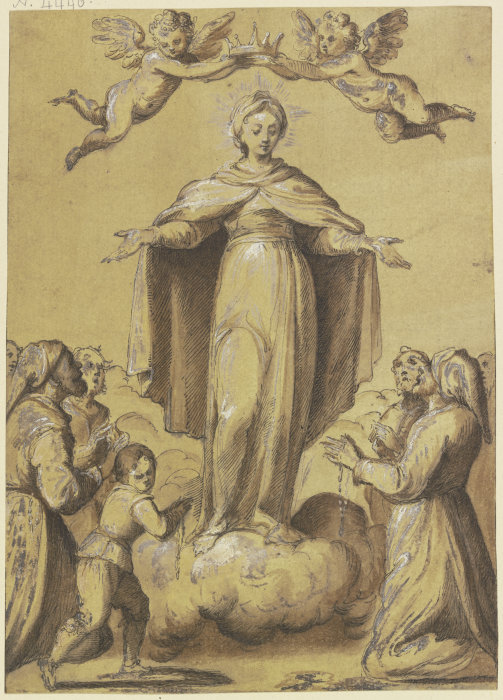 Maria auf Wolken stehend, zwischen Anbetenden mit Rosenkränzen à Francesco Vanni