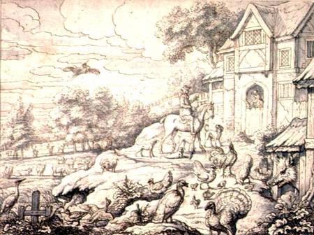 Farmyard, with Figures and Landscape Background à Francis Barlow
