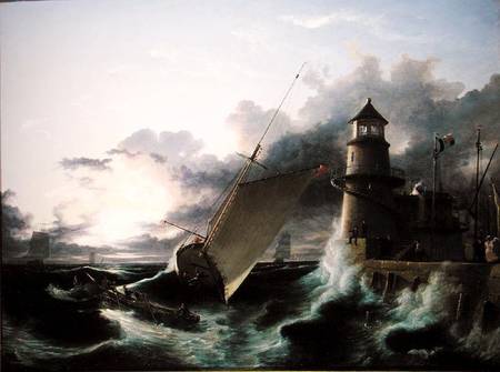 Boat by a Lighthouse, a Squall Going Off à Francis Danby