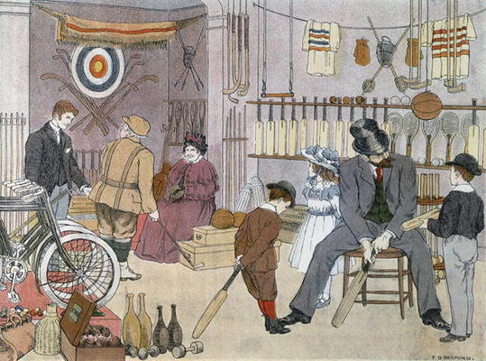 The Sports Shop, from 'The Book of Shops', 1899 (colour litho) à Francis Donkin Bedford