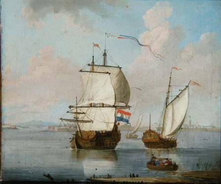A Dutch East Indian man and a Royal Yacht in an Estuary with a Town Beyond à Francis Swaine