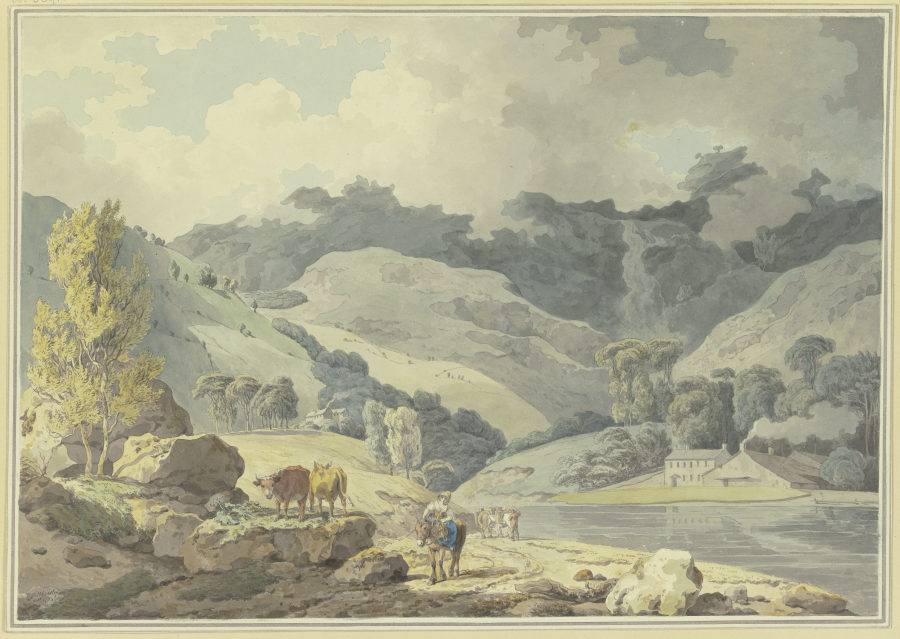 Gebirgslandschaft, auf dem Weg ein Mädchen zu Pferde, links zwei Kühe à Francis Wheatley