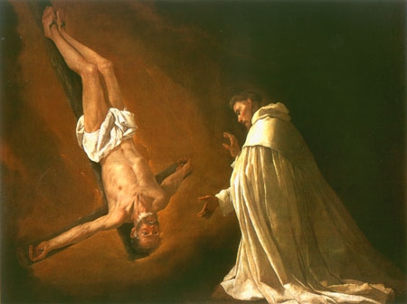 La vision de Saint Pierre Nolascus avec l'apôtre crucifié Pierre à Francisco de Zurbarán (y Salazar)