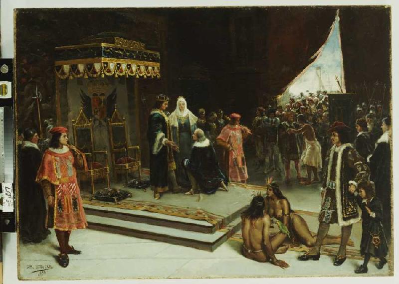 Kolumbus am spanischen Hof nach seiner Rückkehr aus Amerika à Francisco Garcia Santa Olalla