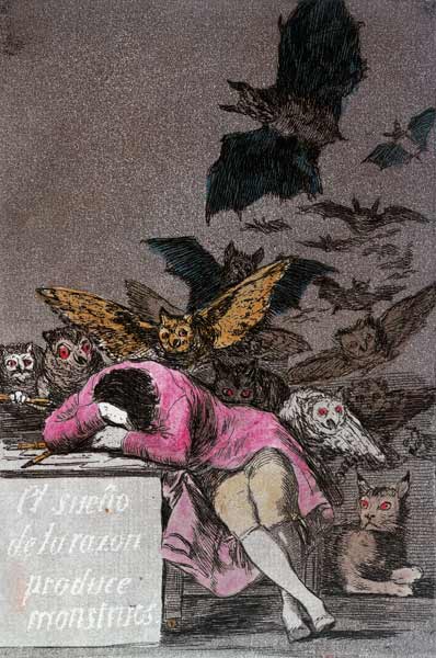 The Sleep of Reason Produces Monsters, plate 43 of 'Los Caprichos', published c.1810 (colour engravi à Francisco José de Goya