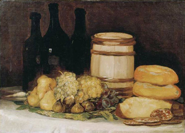 nature morte avec des fruits, bouteilles et pains à Francisco José de Goya