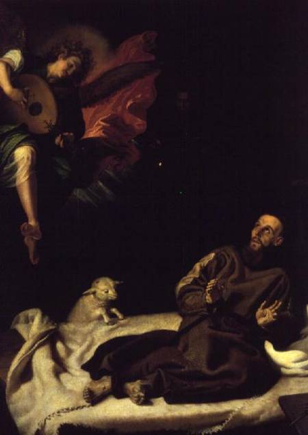 St. Francis comforted by an Angel Musician à Francisco Ribalta
