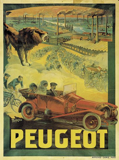 Poster advertising Peugeot cars à Francisco Tamagno