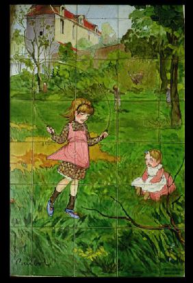 Tiles decorated with children playing in a garden