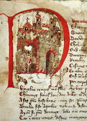 Ms Est 27 W 8.17 f.1r Historiated initial depicting Attila the Hun (c.406-453) burning the city of A à Ecole franco-italienne, (15ème siècle)