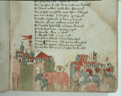 Ms Est 27 W 8.17 f.6r Peasants entering a town with their cattle and the arrival of Attila's army, f à Ecole franco-italienne, (15ème siècle)