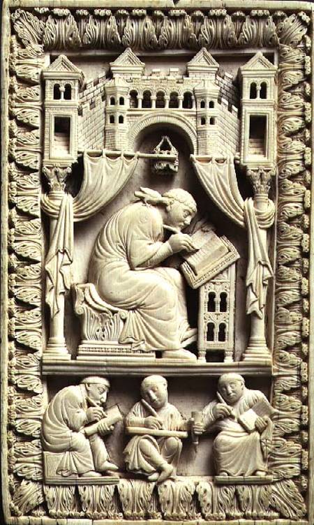 St. Gregory writing with scribes below, Carolingian à École franco-allemande