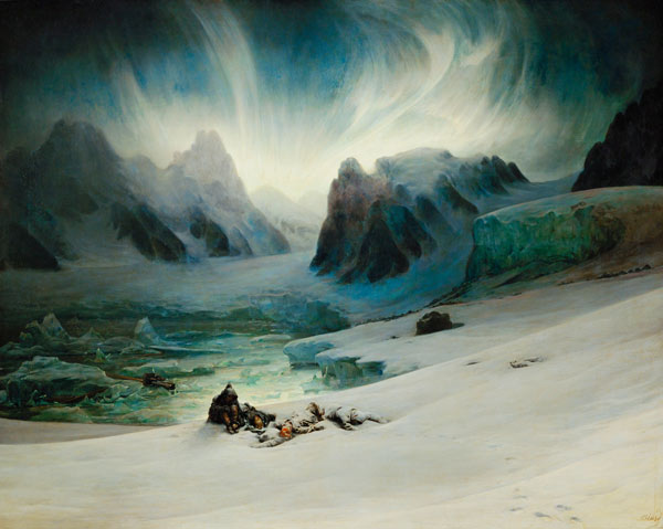Blick von der Gräberhalbinsel über die Magdalenenbai im Norden von Spitzbergen bei Polarlicht à François August Biard