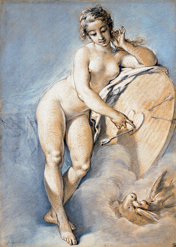 Venus Standing, Gesturing Towards A Heart On A Targe With Two Doves à François Boucher