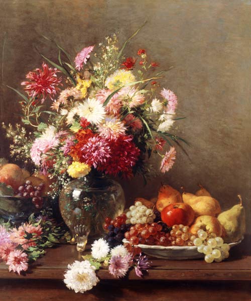 Chrysanthemen in einer Glasvase und ein Teller mit Obst à Francois Furet