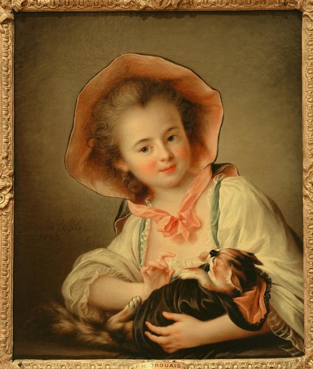 Young Girl Playing with a Cat à François-Hubert Drouais