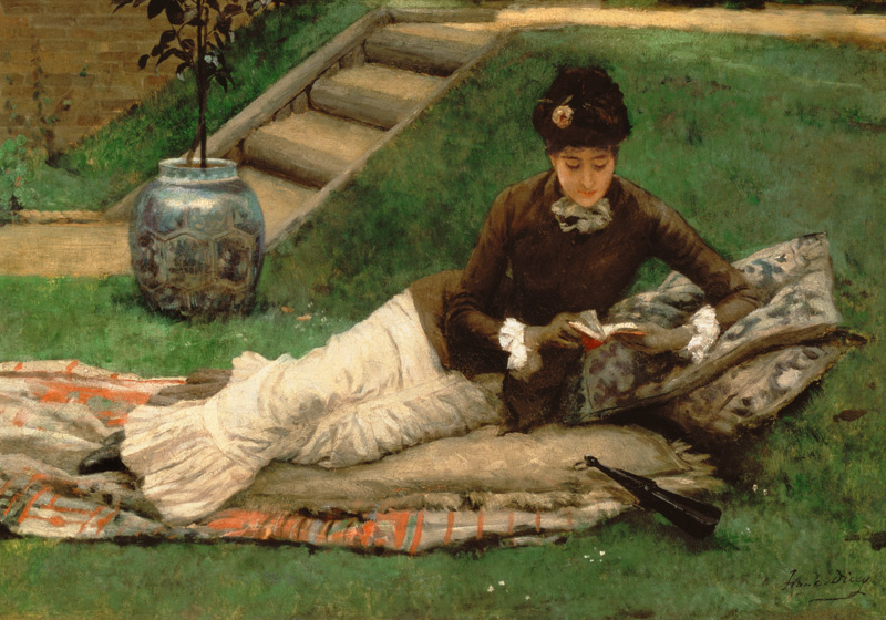 The Novel, A Lady in a Garden reading a book à Frank Dicey