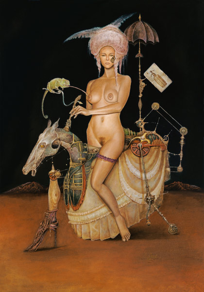 The dame with a chameleon and a of soude bottle à Frank Kortan