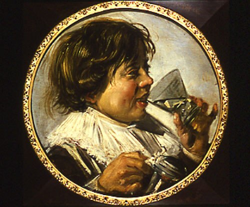 portrait d'un garçon riant avec un verre de vin à Frans Hals