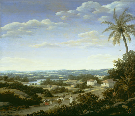 Brazilian landscape with natives on a road approaching a village à Frans Post