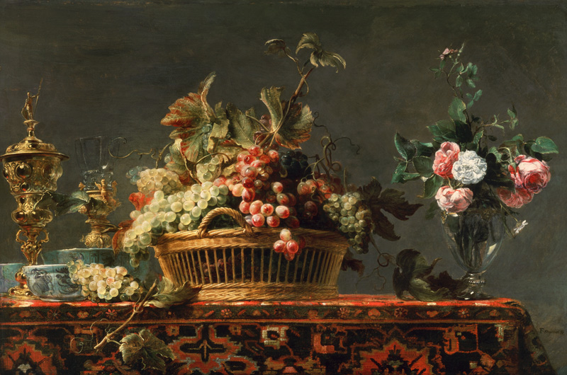 nature morte au panier avec des grappes de raisin et un vase de roses à Frans Snyders