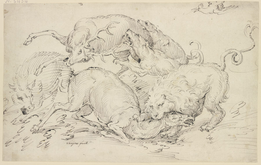 Löwen und Hunde überfallen zwei Hirsche und ein Schwein à Frans Snyders