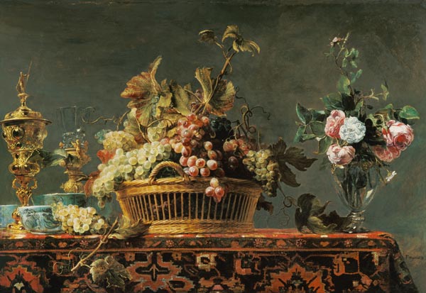 Grapes in a basket and roses in a vase à Frans Snyders