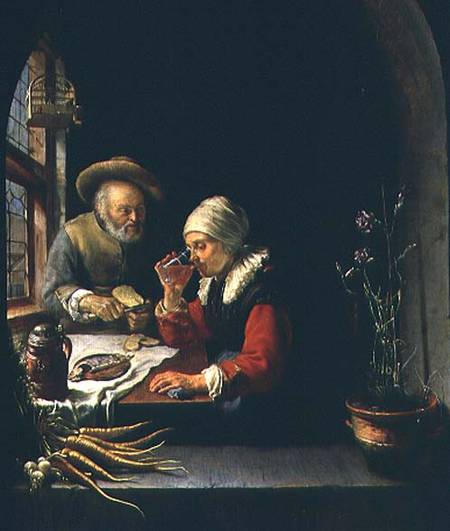 An Elderly Couple Eating (panel) à Frans van l'Ancien Mieris