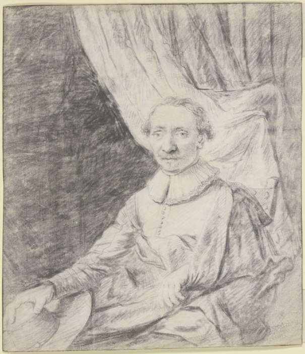 Porträt eines Mannes im Mantel, den Hut in der Hand, vor einem Vorhang sitzend à Frans van Mieris l'Ancien