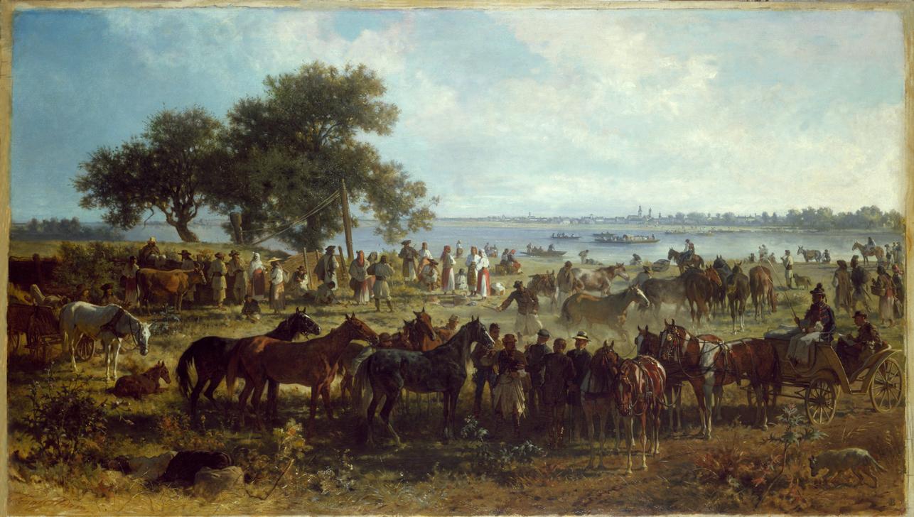 Schiffsfähre am Ufer der Theiss (Pferdemarkt am Ufer der Theiss) à Franz Adam