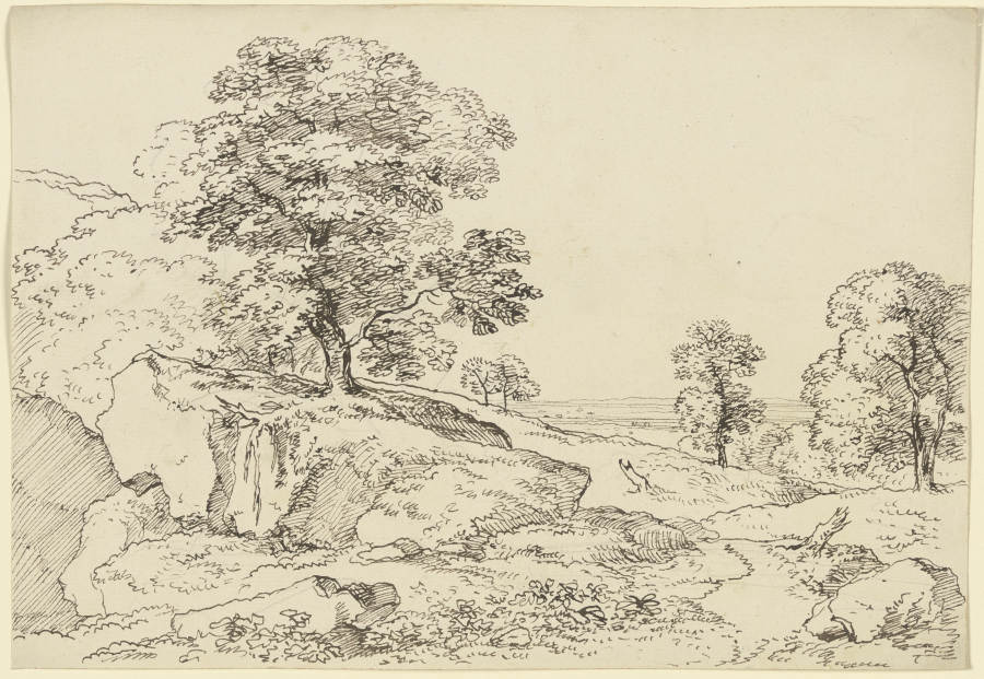 Alter Baum auf einem Felsvorsprung in einer Wiesenlandschaft à Franz Innocenz Josef Kobell