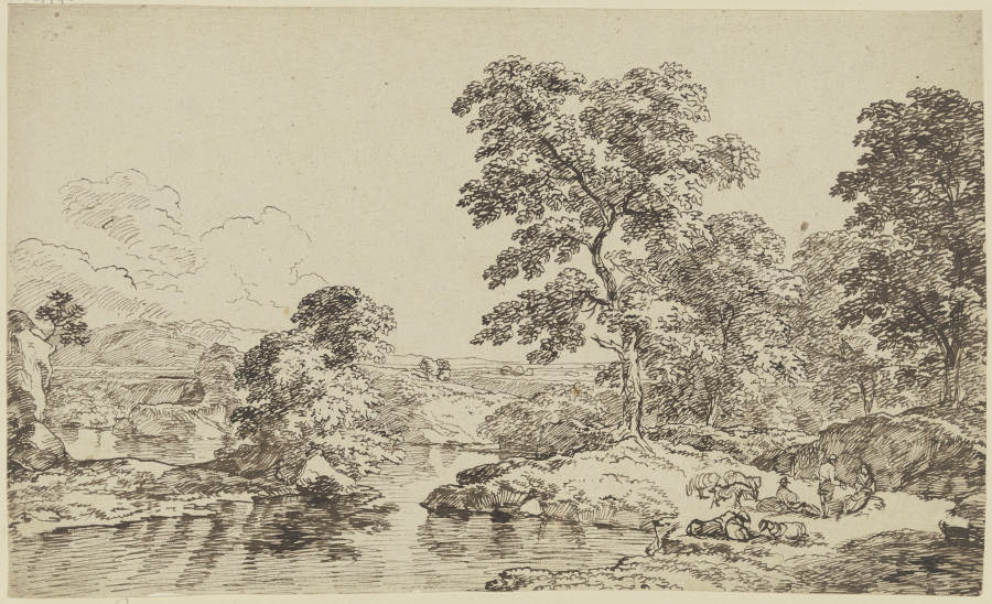 Bäume und Staffage an einem Gewässer à Franz Innocenz Josef Kobell