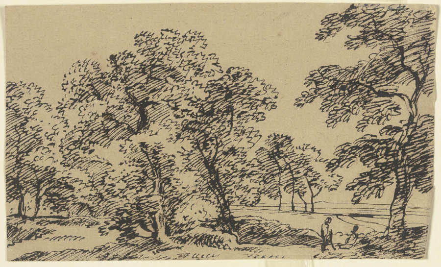 Baumbestandene Ebene, durch die sich ein Weg schlängelt, im Vordergrund rechts zwei rastende Wandere à Franz Innocenz Josef Kobell