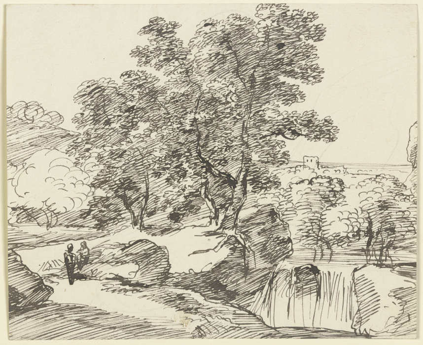Baumbestandener Fluss mit Wasserfall à Franz Innocenz Josef Kobell