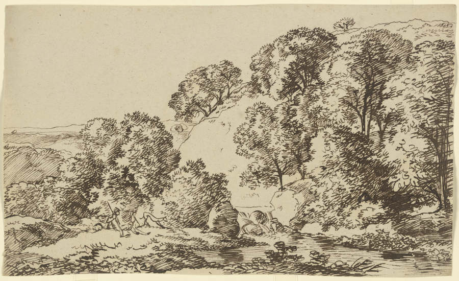 Baumbestandener Hügel, im Vordergrund ein Gewässer mit lagernden Wanderern à Franz Innocenz Josef Kobell