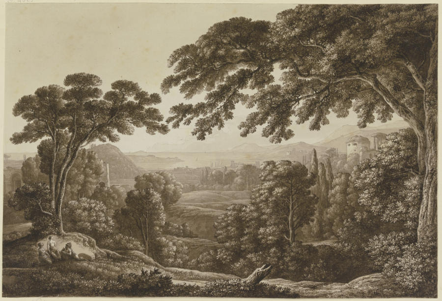 Baumreiche Berglandschaft mit Ruinen à Franz Innocenz Josef Kobell