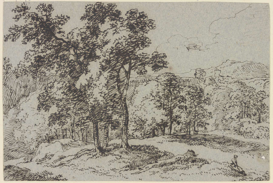 Baumreiche Landschaft, im Vordergrund eine sitzende Frau à Franz Innocenz Josef Kobell