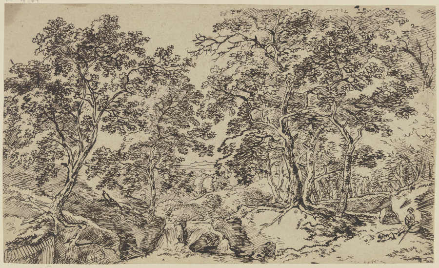 Baumreiche Landschaft, rechts ein sitzender Mann mit Hund à Franz Innocenz Josef Kobell