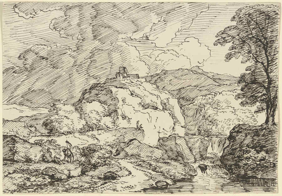 Berglandschaft mit einer Burg auf einem Felssporn und aufziehendem Gewitter, im Vordergrund zwei Wan à Franz Innocenz Josef Kobell