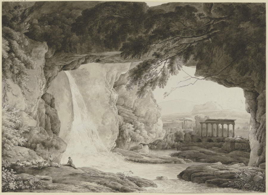 Blick aus einer Felsenhöhle auf eine antike Tempelruine à Franz Innocenz Josef Kobell